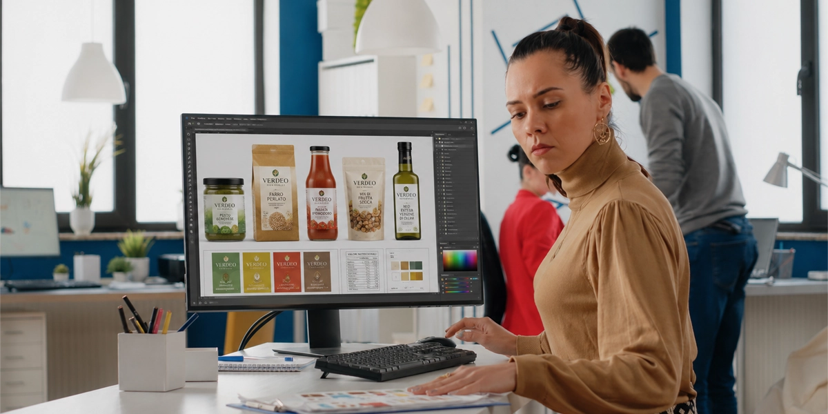 Professionista al lavoro sulle varianti grafiche di una linea Food & Beverage